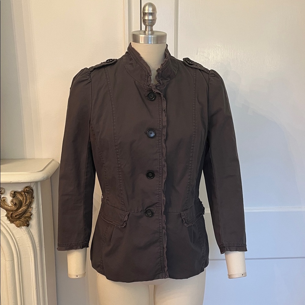 Ann Taylor Loft Grey Ruffled Military Jacket with Peplum Back.  Size 6.